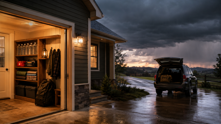 Emergency supplies inside a secure home and a packed SUV as a storm approaches
